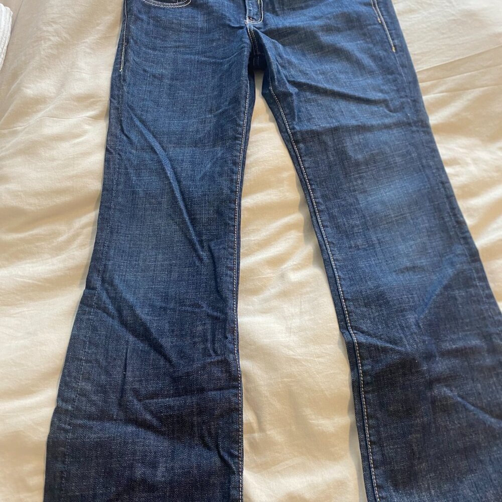 Vtg Guess Premium Y2K Denim Flare Leg Dark Wash Mid Rise Low Rise Jeans Size 31 - Picture 12 of 16